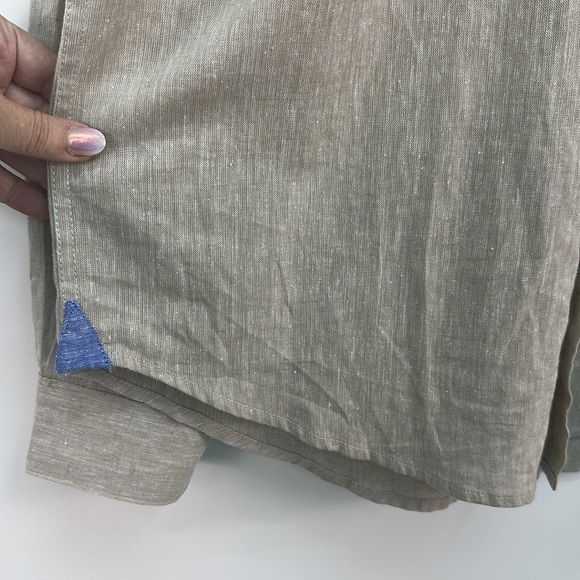 BRUNO Washable Linen Men’s Button up down Shirt Beige with Blue at Hem Sz M - Picture 4 of 5